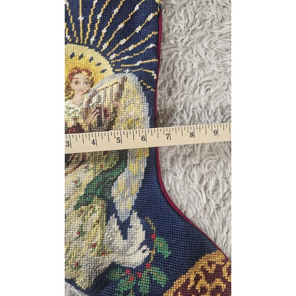 Vintage Large Needlepoint Christmas Stocking Wool Velvet Angel Harp Dove - Picture 8 of 10